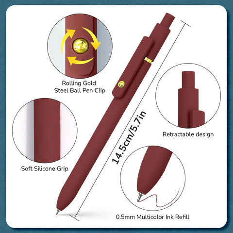 Colorful Gel Pen Set, 6 Pack Fine Point 0.5mm Colored Ink Pens For Journaling, Note Taking, School And Office, Smooth Writing And Bold Color, Great Gift For Women, Vintage Gold Finish with retractable design and silicone grip.