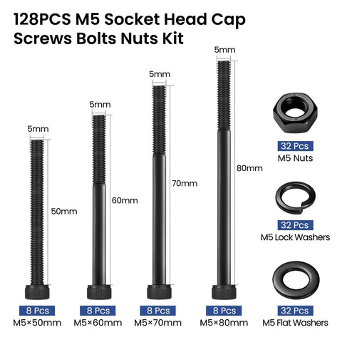 Heavy Duty M5 Screws Kit 128 PC Set With Hex Socket Cap Bolts, Nuts, And Washers In 50, 60, 70, And 80mm, 12.9 Grade Alloy Steel