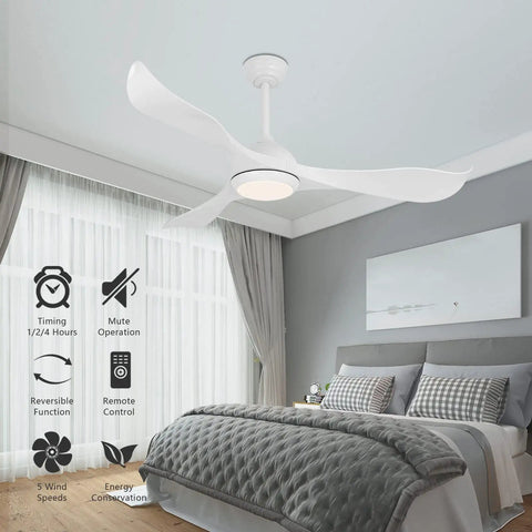 Cool 52 Inch White Ceiling Fan With Lights And Remote 3 ABS Blades Quiet 6 Speed Reversible DC Motor in modern bedroom.