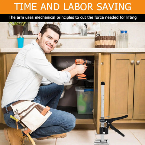 Man using Heavy Duty 15.75-Inch Furniture Jacks 2-Pack, Portable Steel Tool For Moving Couches And Appliances under a cabinet.