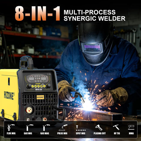 Person welding with 8 In 1 Welding Machine All In One Plasma Cutter And Multi Process Welder 200A Dual Voltage 110 And 220V
