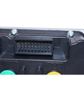 Close-up of black HOLDWELL motorcycle controller front panel with a multi-pin connector and green and yellow buttons