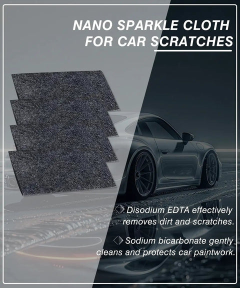Nano Sparkle Cloth Car Scratch Remover Kit featuring dark nano cloths and a sleek car, highlighting light scratch removal and glossy finish restoration.