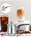 Turkish Teapot 180ml Milk Frothing Pot Stainless Steel Induction Coffee Pot next to iced coffee and cappuccino