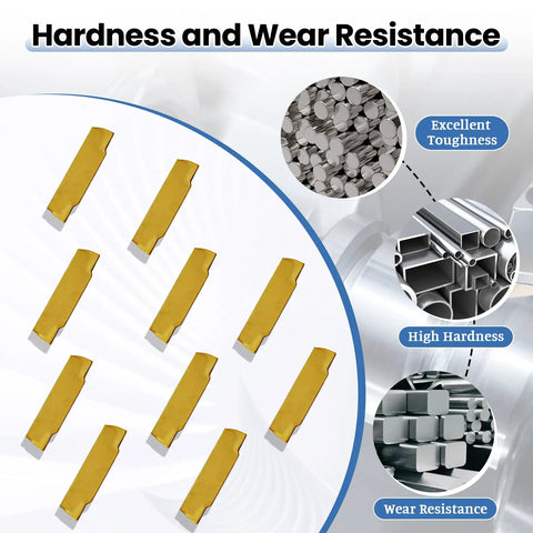 Heavy Duty 20Pcs MGMN150-G Carbide Grooving Cut-Off Inserts with CVD Yellow Coating, highlighting hardness and wear resistance features.