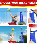 Portable 12Ft Volleyball Net Set For Backyard Bash With Adjustable Height shown at 8ft and 7.4ft options, blue net, heavy-duty frame.
