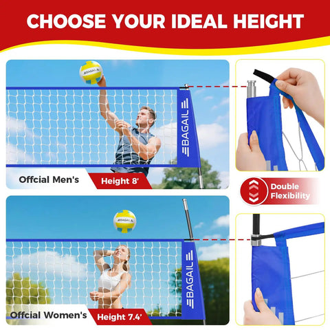 Portable 12Ft Volleyball Net Set For Backyard Bash With Adjustable Height shown at 8ft and 7.4ft options, blue net, heavy-duty frame.