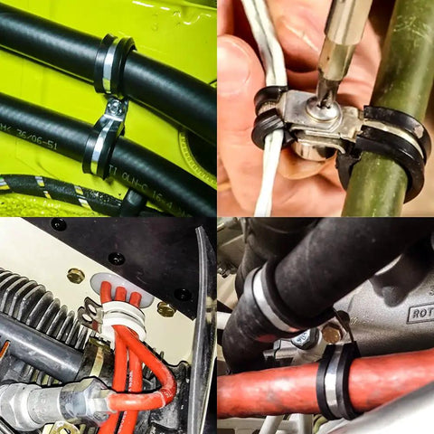 Four images showing 20 Pack Five Eighth Inch Stainless Steel Cable Clamps With Rubber Cushioned Insulation securing wires and pipes.
