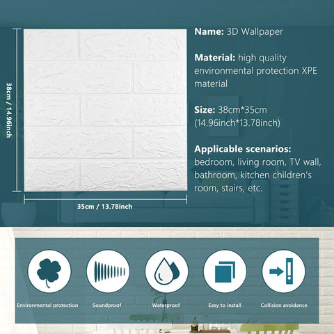 White 3D Wall Panels Pack Of 20 Sheets With 29 Sq Ft Coverage Printable Wallpaper Sticker Self Adhesive Waterproof Brick PE Foam Peel And Stick Interior Wall Decor For A Modern Home description and features image with panel dimensions and material specifications.