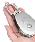 2 Pack Stainless Steel Snatch Block With Swivel Hook, M50 2 Inch Sheave held in hand, shiny marine grade finish
