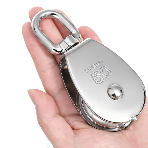 2 Pack Stainless Steel Snatch Block With Swivel Hook, M50 2 Inch Sheave held in hand, shiny marine grade finish