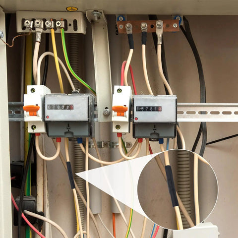 Close-up of electrical panel setup using Must Have Ten Piece 10 AWG Wire Connector Nut Kit With Brass Splicing And Quick Wiring Connection Terminals.