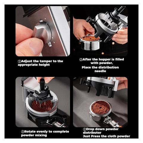 Adjusting height of Rock Solid 58mm Wdt Coffee Distribution Tool With Twelve Precision Needles For Even Espresso Pulls.