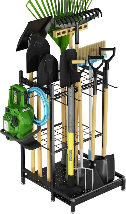 Heavy Duty Garden Tool Storage Rack With Wheels And Hooks Metal Organizer Stand For Garage Shed And Yard Space Saving Tool Holder