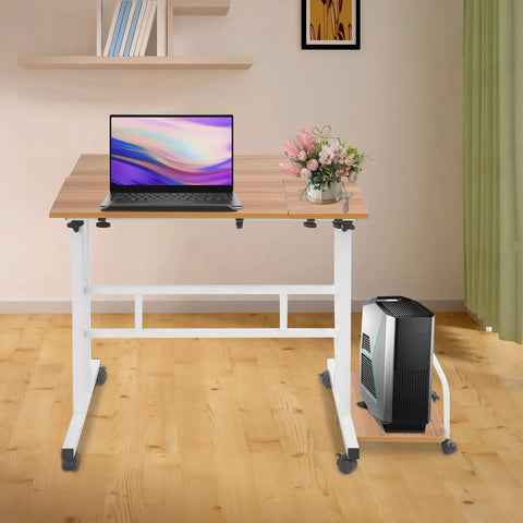 Effortless Folding Standing Desk With Smooth Rolling Casters And Tilted Writing Panels For Total Flex Work From Home Setup Featuring Quick Height Adjustments In Modern Light Walnut And White with a laptop and flowers on the desk.