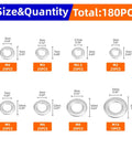 Flat Washer Kit 180Pc Stainless Steel Washers Assortment For Screws And Bolts M2.5 M3 M4 M5 M6 M8 M10 sizes shown