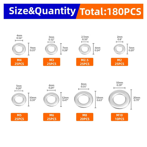 Flat Washer Kit 180Pc Stainless Steel Washers Assortment For Screws And Bolts M2.5 M3 M4 M5 M6 M8 M10 sizes shown