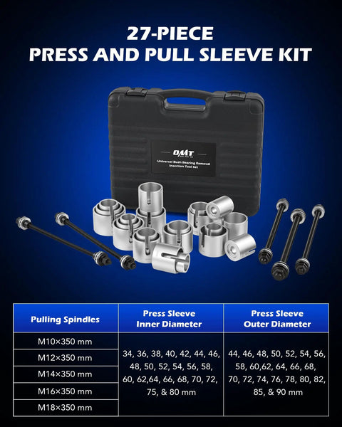 Bushing Press Kit With 27pc Pull And Press Sleeve Set For Wheel Bearings And Bushing Removal And Installation, Versatile Tool For Cars, Light Commercial Vehicles And Heavy Duty Trucks. 27-piece kit with case, sleeves and spindles