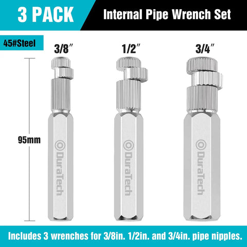 Internal Pipe And Nipple Extractor Set Three Piece Kit with 3/8, 1/2, 3/4 inch wrenches shown, includes organizer pouch.