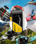 650mAh 2S 7.4V LiPo Battery With XT30 Plug For 120 Size FPV Rigs, black and yellow design with red wires, drones in background.