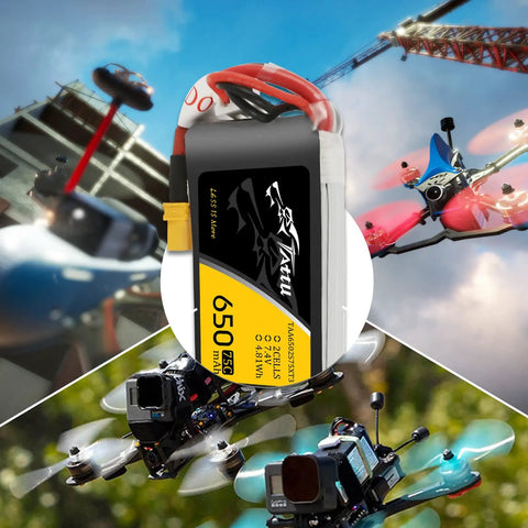 650mAh 2S 7.4V LiPo Battery With XT30 Plug For 120 Size FPV Rigs, black and yellow design with red wires, drones in background.