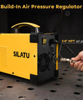 Side view of 65 Amp Plasma Cutter With Pilot Arc HF Non-Touch, STC650P, Dual Voltage 110 And 220V in use with air connection.