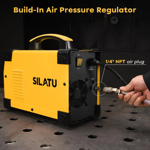 Side view of 65 Amp Plasma Cutter With Pilot Arc HF Non-Touch, STC650P, Dual Voltage 110 And 220V in use with air connection.