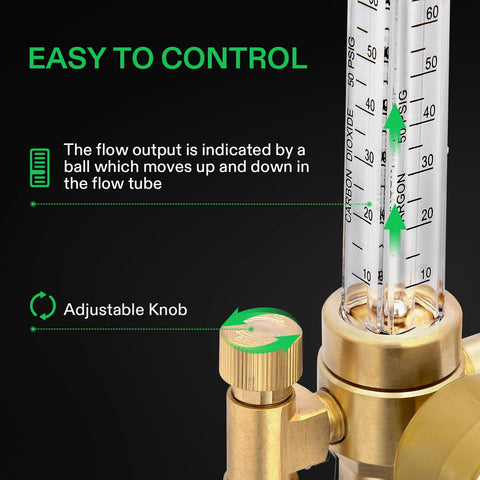 Close-up of brass gas regulator with clear flow meter tube and adjustable knurled knob.