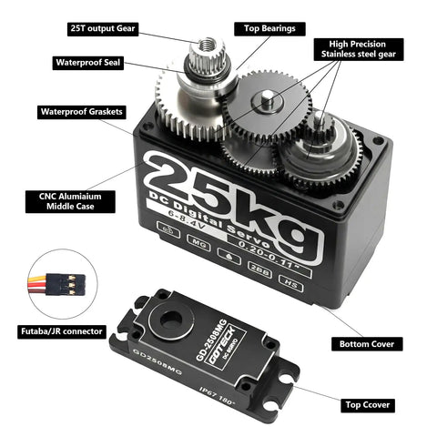 Beefy 25Kg Digital Servo 8.4V With Full Metal Gears IP67 Waterproof 180 Degree Sweep 25T Horn Included labeled components