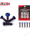 Top-Shelf M8x30mm Titanium Brake Disc Bolts With Blue Anodized Mirror Finish And Heavy-Duty Torx Drive Heads, Badasses Offer Serious Strength And Corrosion Resistance To Keep Your Rides Lock-Tight On Track Or Street. Pack Of 10. Display of five heavy-duty titanium bolts with tapered heads and blue anodized finish.