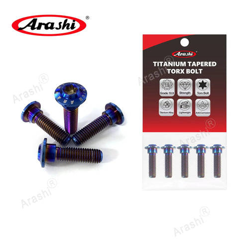 Top-Shelf M8x30mm Titanium Brake Disc Bolts With Blue Anodized Mirror Finish And Heavy-Duty Torx Drive Heads, Badasses Offer Serious Strength And Corrosion Resistance To Keep Your Rides Lock-Tight On Track Or Street. Pack Of 10. Display of five heavy-duty titanium bolts with tapered heads and blue anodized finish.