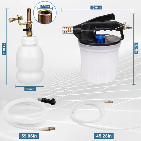 One Person Pneumatic Brake Bleeder Kit With 3 Liter Vacuum System Includes 2 Liter Fluid Extractor And 1 Liter Refilling Bottle 16 Adapters Clutch Bleeder For Easy Car And Truck Brake Fluid Flushing, showing components with dimensions.