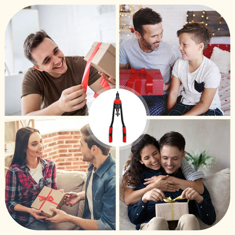 Collage of people exchanging gifts around a Rivet Nut Tool Kit With 11 Mandrels And 110 Rivet Nuts Beefy Yet Precise