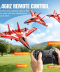 Foam RC Plane For Kids And Adults, Easy To Fly With Gyro Stabilizer, 2.4GHz Remote Control Jet Fighter in flight with controller in hand