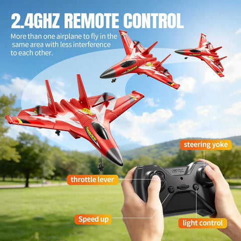Foam RC Plane For Kids And Adults, Easy To Fly With Gyro Stabilizer, 2.4GHz Remote Control Jet Fighter in flight with controller in hand