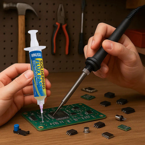 Applying No Clean Rosin Soldering Flux Paste Pro Grade for Electronics Precision Soldering to PCB, 10cc syringe, SMD BGA repair.