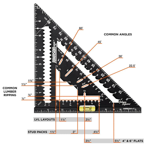 MACH-1 Smart Mark Rafter Square With Level Vial for fast accurate layouts featuring common angles and measurements