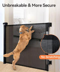 Retractable Baby Gate for Stairs and Doorways, 0-71 Inch Adjustable Mesh Gate with dog leaning on it, shown indoors, black.