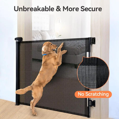 Retractable Baby Gate for Stairs and Doorways, 0-71 Inch Adjustable Mesh Gate with dog leaning on it, shown indoors, black.