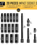 One Half Inch Drive Deep Impact Socket Set, 20 Piece CR V Steel Metric Sockets 10mm Through 24mm, Includes Extension Bars