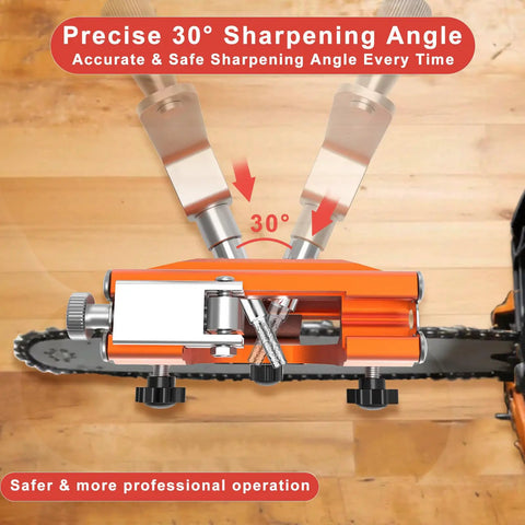 Chainsaw Sharpener Jig With 5 Titanium Plated Diamond Bits And Carry Bag Hand Crank Portable Sharpening Kit in use