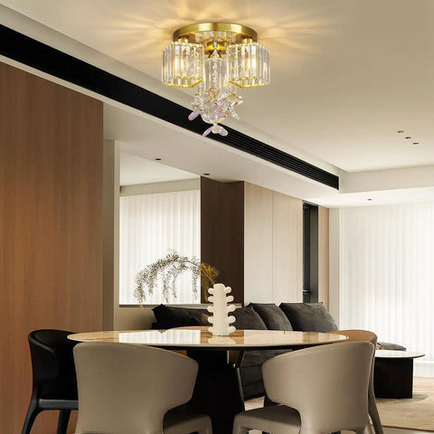Three Light Semi Flush Mount Ceiling Fixture In Black And Gold With Crystal Accents Dope Modern Close To Ceiling Light For Kitchen Entryway Bedroom Bathroom And Foyer Industrial Glam Style