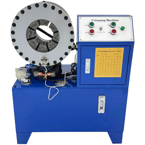 Electric Hydraulic Hose Crimper Machine 0.2 To 4 Inch Cap With 14 Dies For High Pressure Tubing Tool For Oil Gas Water Lines 220V Power control panel and crimping head view.