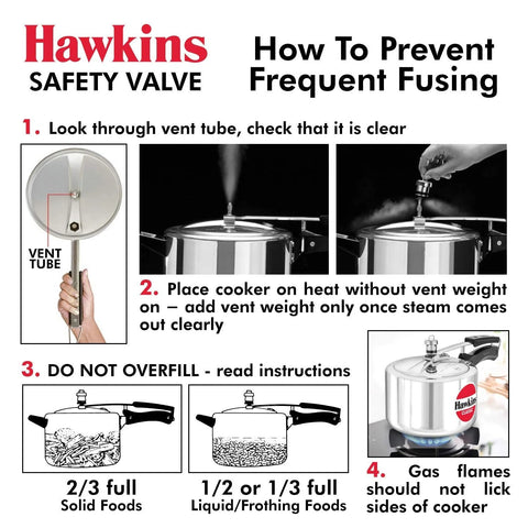 Aluminium Hawkins safety valve for Hawkins pressure cookers (1.5–14 L); vent tube and fill guidelines.