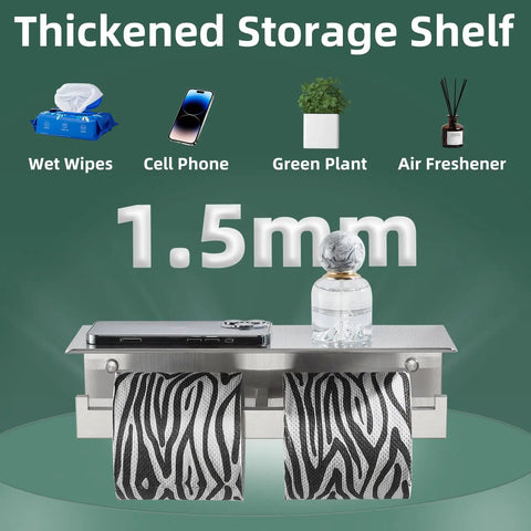 Double Toilet Paper Holder With Shelf In 304 Stainless Steel Brushed Nickel Finish, Wall Mounted Bathroom Tissue Dispenser With Anti Slip Edge, Spacious 12 Inch Shelf For Phone And Toiletries