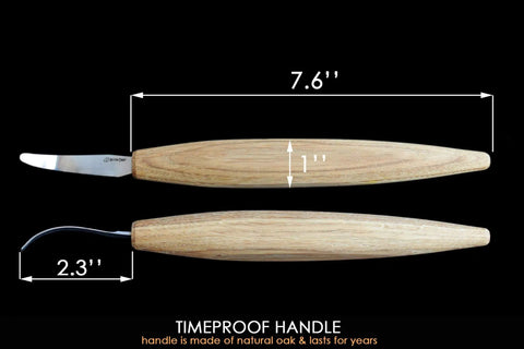 Dead Reliable Wood Carving Hook Knife For Spoon Whittling And Bowl Crafting Single Bevel with oak handle measuring 7.6 inches.