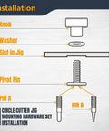 Diagram of installation hardware for Circle Cutter Router Jig For Perfect Circles 10 To 53 Inches With Dual Pivot Pin System