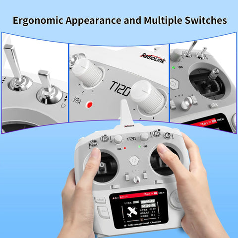 Hands holding T12D 12CH 2 4G RC Transmitter With R12F Receiver, Micro ELRS And TBS Crossfire Compatible, showing switches and controls