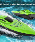2.4G Dual Motor RC Boat For Kids And Adults With High Speed Thrills Waterproof Boat For Lakes And Pools Easy Remote Control Multi Player Racing Durable Green Finish, showing green RC boat on water