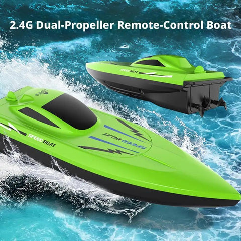 2.4G Dual Motor RC Boat For Kids And Adults With High Speed Thrills Waterproof Boat For Lakes And Pools Easy Remote Control Multi Player Racing Durable Green Finish, showing green RC boat on water